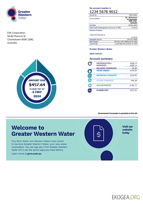 Modèle de facture de services publics d'entreprise Australia Greater Western Water en
